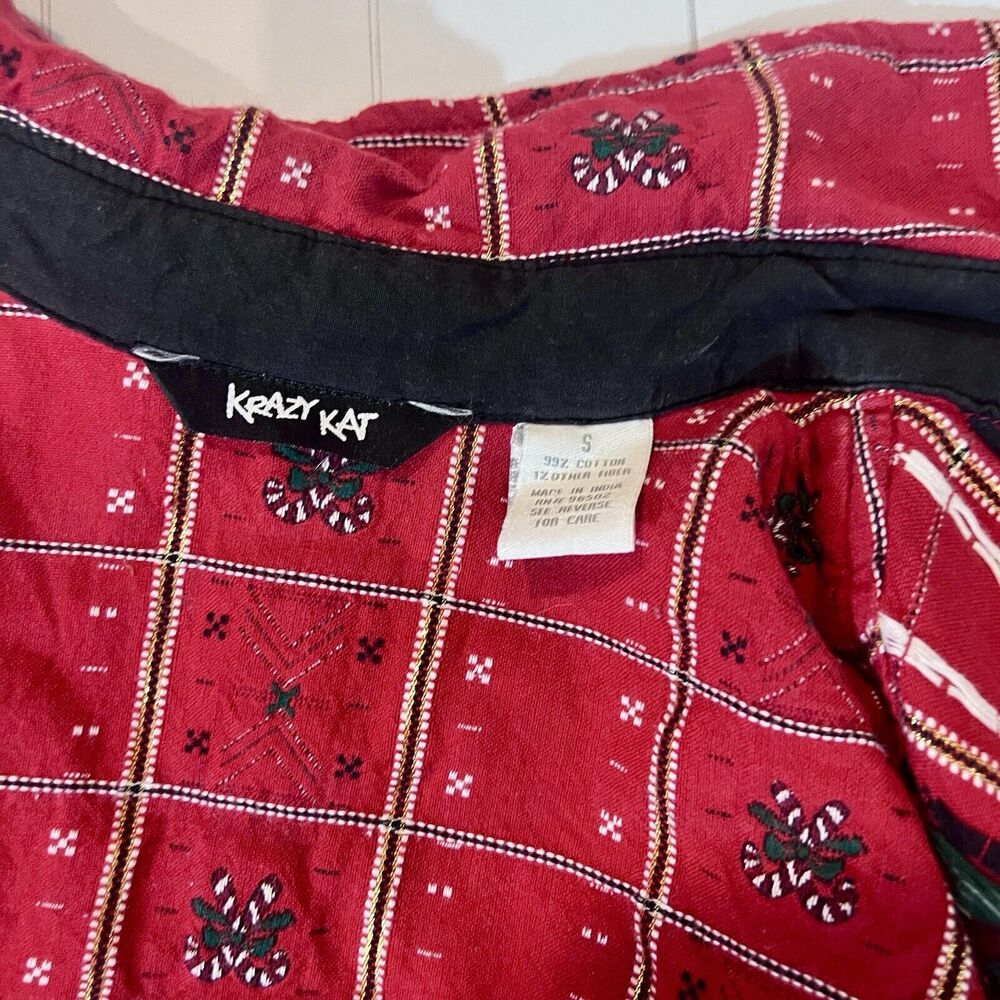 Krazy Kat Button Up Shirt Womens Size S Red Plaid Christmas Novelty Top Vintage - Picture 5 of 8